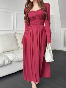 Feyla Women's Solid Color Pleated Casual Party Dress - Burgundy - View 5