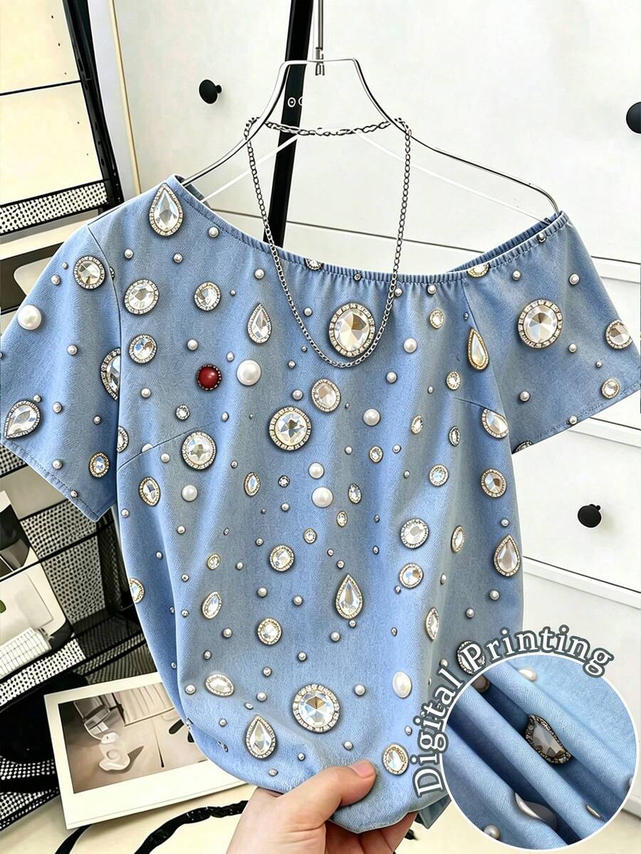 Weeklong Blusa de talla grande con estampado de strass azul claro, hombro asimétrico y manga corta para primavera, verano, vacaciones, invitada de boda, cita nocturna, estilo chic - Multicolor - Ver 1
