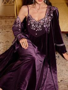 PalaceNights Heavy Embroidery Velvet Robe + Camisole Nightgown Palace Style Sleepwear 2 Pieces Set - Purple - View 1