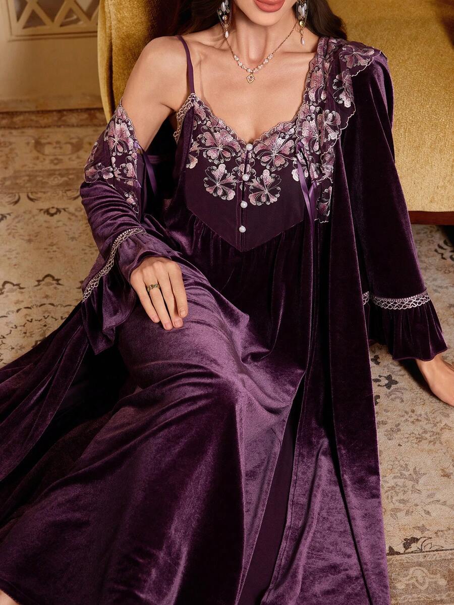 PalaceNights Heavy Embroidery Velvet Robe + Camisole Nightgown Palace Style Sleepwear 2 Pieces Set - Purple - View 1