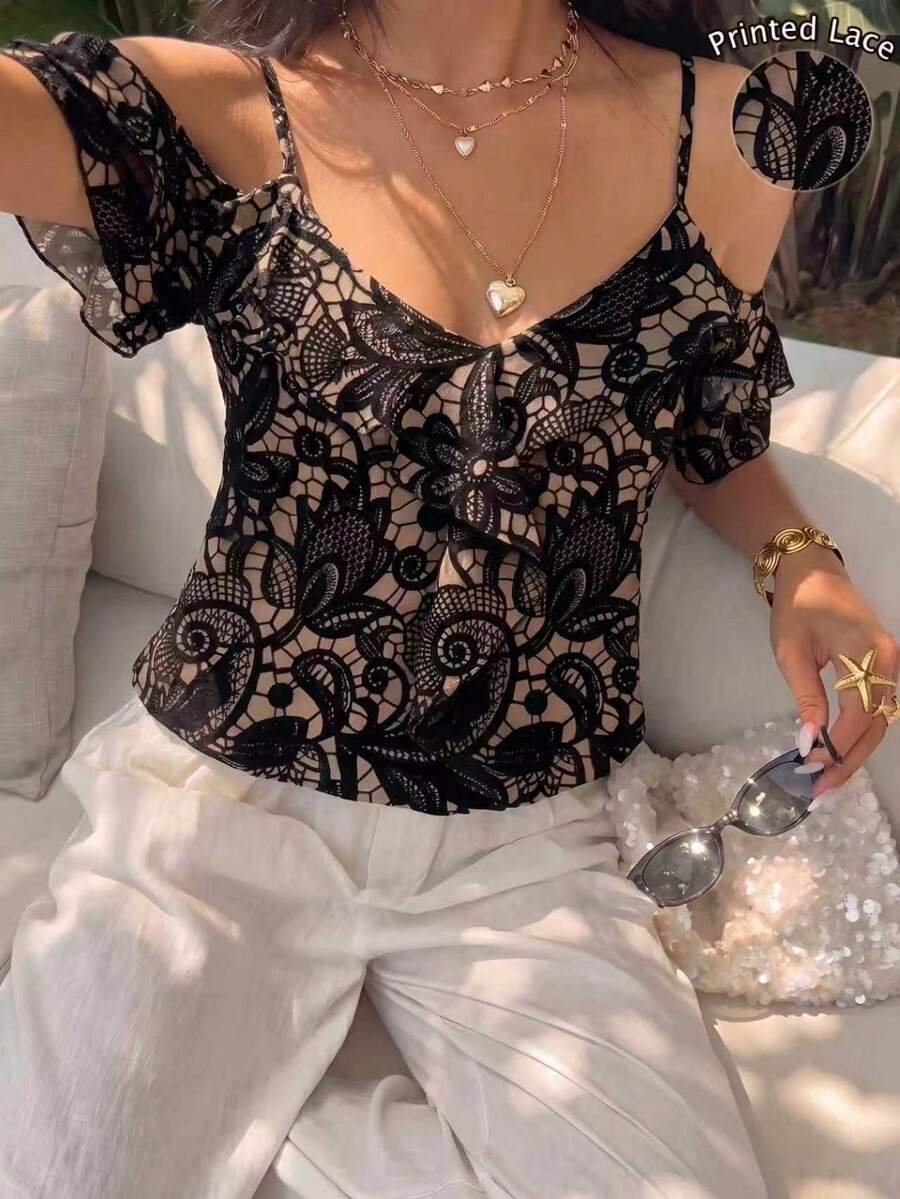SHEIN LUNE CURVE Plus Size Black Cold Shoulder Ruffle Top – Sexy Boho Thin Strap V-Neck Pleated Short Top, Designed For Curvy Women Vacation Summer - Black - View 1