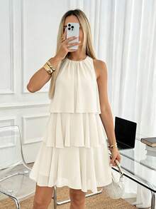 Easowa Round Neck Multi-Layer Ruffle A-Line Chiffon Sheer Flowy Sleeveless Casual Relaxed Elegant Commute Old Money Style Vacation Spring Summer Women's Short Dress - Cream - View 4