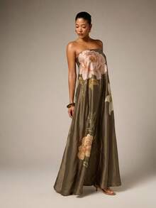 AiiRZ Strapless Maxi Dress With Large Scale Floral Embroidery On Satin A-Line Silhouette For Evening And Special Occasions - Army Green - View 1