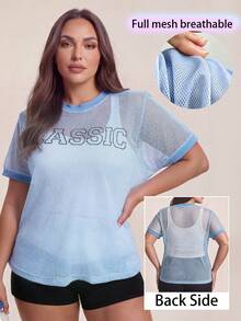 SHEIN Rhythm Era Women's Plus Size Letter Graphic Casual Daily Wear Sports T-Shirt - Blue - View 1