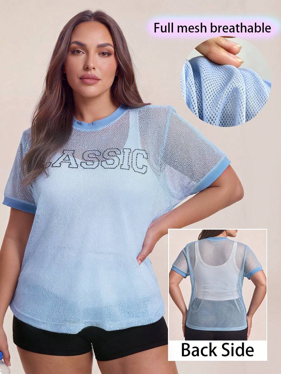 SHEIN Rhythm Era Women's Plus Size Letter Graphic Casual Daily Wear Sports T-Shirt - Blue - View 1