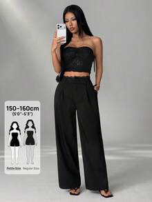 SHEIN PETITE 女款素色百褶休閒百搭日常穿著長褲 - 黑色 - 查看 8