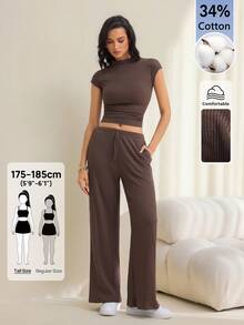 SHEIN Tall Women's Solid Color Stand Collar Cap Sleeve Top And Pants Casual 2 Pieces Set - Brown - View 6