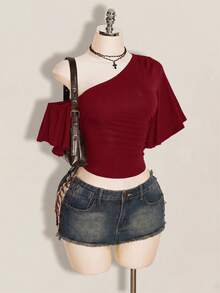 SHEIN ICON 女款素色不對稱領休閒百搭日常穿搭上衣 - 酒紅色 - 查看 8