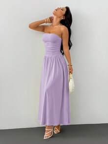 SHEIN PETITE Gaun Elegan Wanita Model Bandeau Berlipit Warna Polos - Mauve Purple - View 4