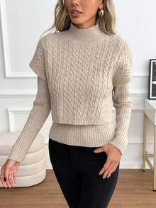 SHEIN PariChic Autumn/Winter Casual Solid Color Stand Collar Short Sleeve Sweater & Long Sleeve Sweater 2pcs Set - Apricot - View 3
