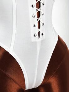 Amplova Faux Fur Collar High Elasticity Color Block Bodycon Bodycon Waist-Cinching Eyelet Ultra Short Mini Women's Bodysuit - White - View 10