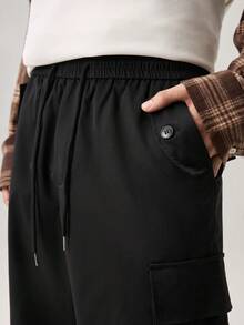 Men's Casual Solid Color Multi-Pocket Drawstring Waist Cargo Pants, For Fall Wide Leg - Black - View 8