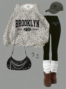 SHEIN Girlism 青少年女孩休閒極簡 BROOKLYN 熱銷豹紋時尚龐克寬鬆套頭連帽衛衣與緊身褲 2 件套，舒適長袖，適合秋冬，溫馨秋季與冬季風格，返校穿搭，街頭風，新款 - 彩色 - 查看 1