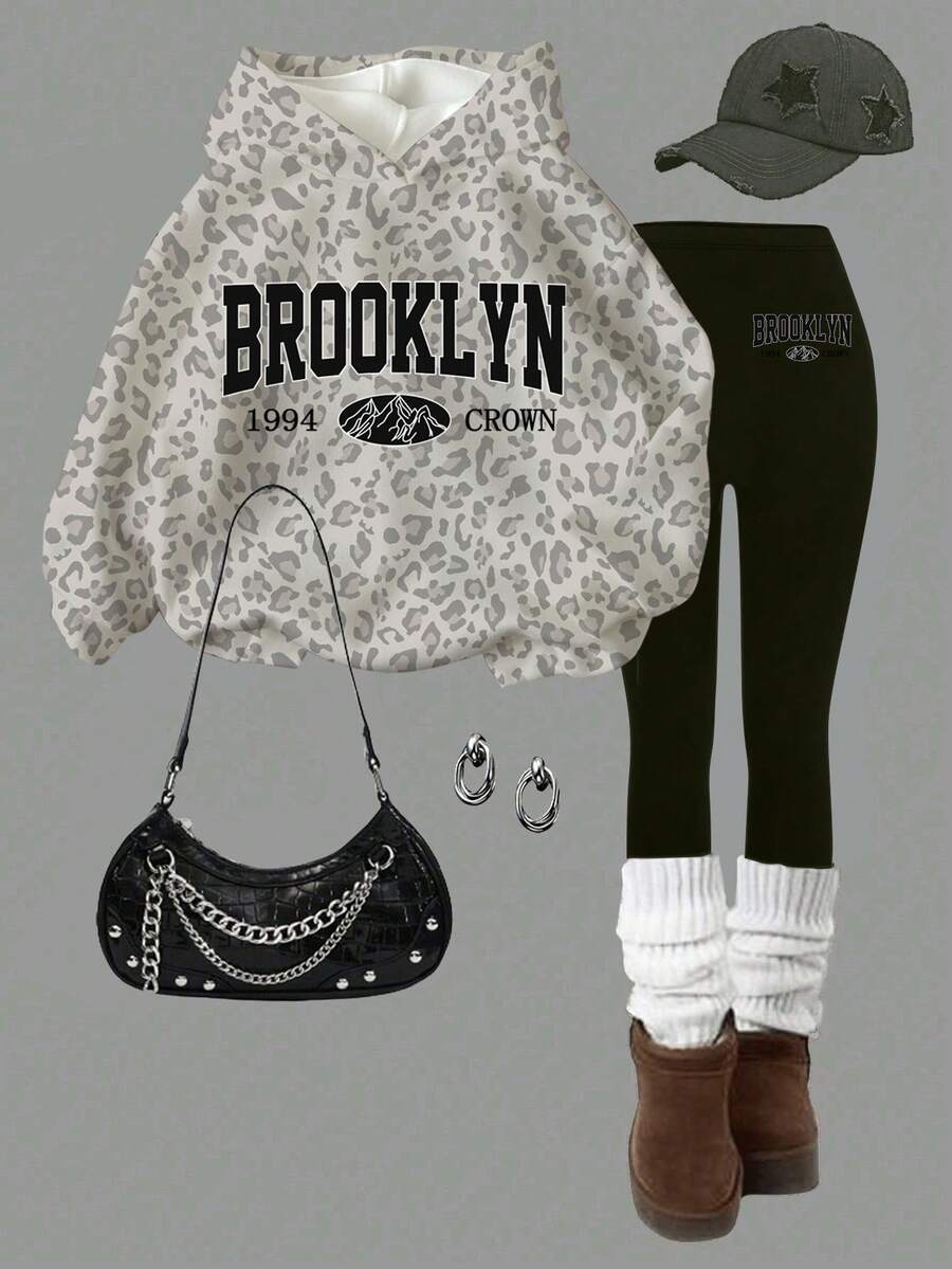 SHEIN Girlism 青少年女孩休閒極簡 BROOKLYN 熱銷豹紋時尚龐克寬鬆套頭連帽衛衣與緊身褲 2 件套,舒適長袖,適合秋冬,溫馨秋季與冬季風格,返校穿搭,街頭風,新款 - 彩色 - 查看 1