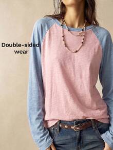 Bohemela Women's Colorblock Raglan Long Sleeve Crew Neck Casual T-Shirt - Pink - View 3