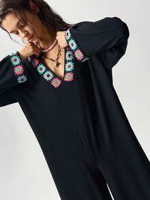 Bohemela Jumpsuit Wanita Lengan Panjang Rajut Warna Polos Kasual - Hitam - View 3