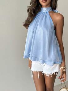 Aloruh Women's Elegant Shiny Pink Backless Top - Baby Blue - View 7