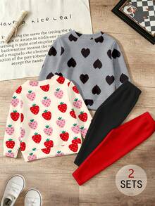 (2 Set) Conjunto de sudadera de cuello redondo y leggings para niñas pequeñas en otoño/invierno, estilo casual fresco y cómodo, con patrón de fresa y corazón en rojo, rosa, gris y negro, rojo y negro - Multicolor - Ver 2
