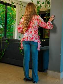 Bela Noronha Women's Ruffle Tie Front Bell Sleeve Floral Print Chiffon Blouse Vacation - Multicolor - View 2