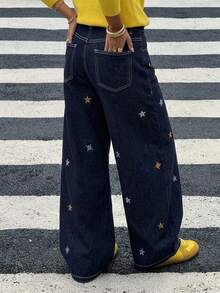 Livesso High Waist Star Embroidered Loose Wide Leg Street Style Dark Blue Women's Jeans Fall - Dark Wash - View 2