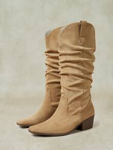 Styleloop 2026 New Thick Heel High Tube Elastic Slip-On Women's Boots Fashionable Natural Wrinkled Western Boots Fall Shoes - Apricot - View 6