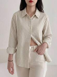 DAZY 女款條紋休閒百搭日常穿著襯衫 - 杏色 - 查看 6