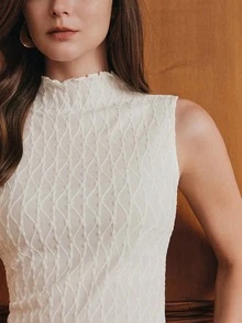 Anewsta Atasan Tank Top Tanpa Lengan Bertekstur Pas Badan dengan Trim Rumbai Warna Beige Aprikot Awal Musim Gugur untuk Wanita - Krem - View 1