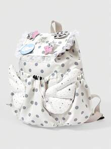ROMWE Anime Y2k Cute College Style Polka Dot Printing Splicing Lace, With Wing Star Badge Pendant, Suitable For Daily, College And Other Travel Items - White - View 3