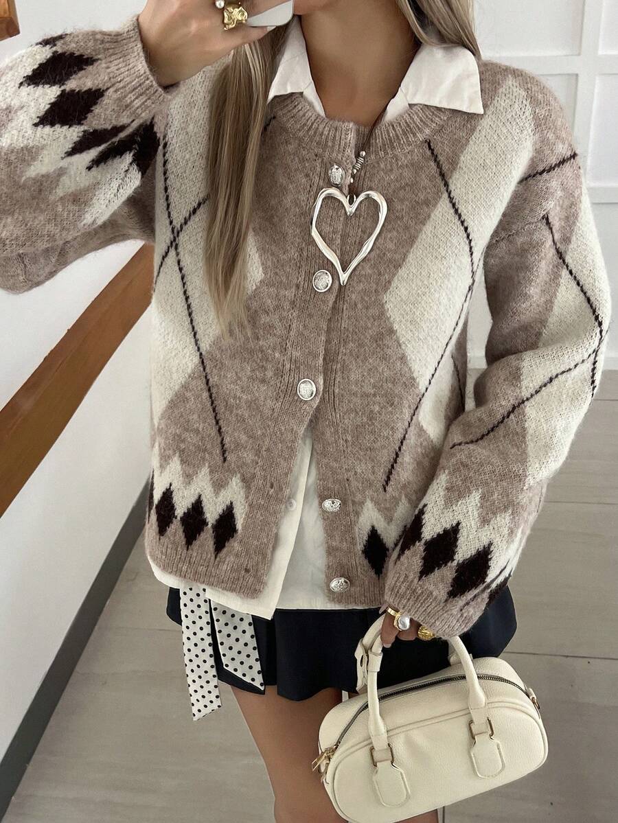Livesso 女款菱格紋絎縫休閒百搭日常開襟衫 - 卡其色 - 查看 1