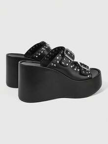 Sugerpunk Women's Fashion Platform Sandals, Dark Punk Style Heavy Industry Rivet Gas Eye Design Thick-Soled Wedge Sandals, Adjustable Elastic Design Subculture - Jazz Black - View 10