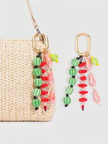 ROMWE Kawaii 1 Piece Spring Summer Dopamine Style Colorful Beaded Bag Keychain Pendant, Woven Rope Bag Charm, DIY Hanging Ornament - Pink - View 6