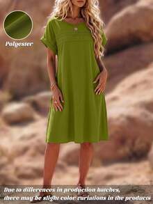 EMERY ROSE Plus Size Summer Casual Woven Fabric Knee Length Dress With Plain Pattern And Flared Hem Short Sleeves - Lime Green - View 3