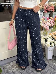 GalTyme Plus Size Polka Dot Print Ruffle Hem Pants Fall - Navy Blue - View 2