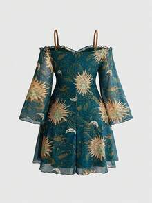 ROMWE Plus Size Vintage Y2K Hippie Retro Vacation Style Face Sun Moon Print Ruched Front Flared Sleeve Cinched Waist Mini Short Dress - Multicolor - View 2