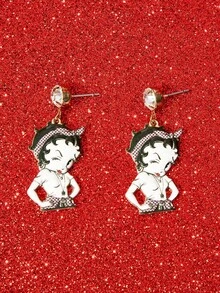 Betty Boop x SHEIN A Pair Of New Creative Cartoon Pattern Printed Diamond Stud Earrings, Cute Casual, Suitable For All Kinds Of Parties, Concerts, Festivals, Exquisite G - Gold - View 2
