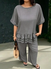 Ceyna Plus Size Women's Casual Vacation Spring/Summer Vintage Minimalist Conservative Distressed Round Neck Raglan Sleeve Cuffed Loose Patchwork Embroidered Lace Short Sleeve Mid-Waist Elastic Straight Wide Leg Slimming 2-Piece Set - Dark Grey - View 5