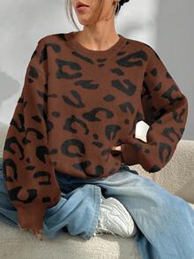 SHEIN Unity Loose Casual Versatile Leopard Print Sweater - Multicolor - View 1