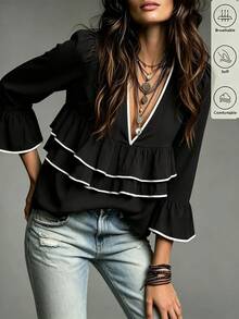 SHEIN Women's Piped Deep V-Neck Long Sleeve Multi-Layer Ruffle Fashion Blouse - Black - View 5