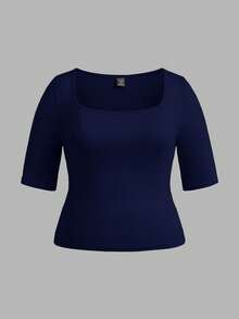SHEIN BASICS 3pcs Casual Solid Color Knit Square Neck Short Sleeve Slim Fit Plus Size T-Shirts - Multicolor - View 9