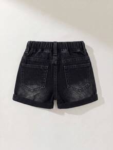 Maija Kids Maija Kids 女童 Y2K 休閒基礎款牛仔短褲，兒童春夏休閒度假鄉村波西米亞風穿搭，沙灘、西部街頭風 - 黑色 - 查看 2