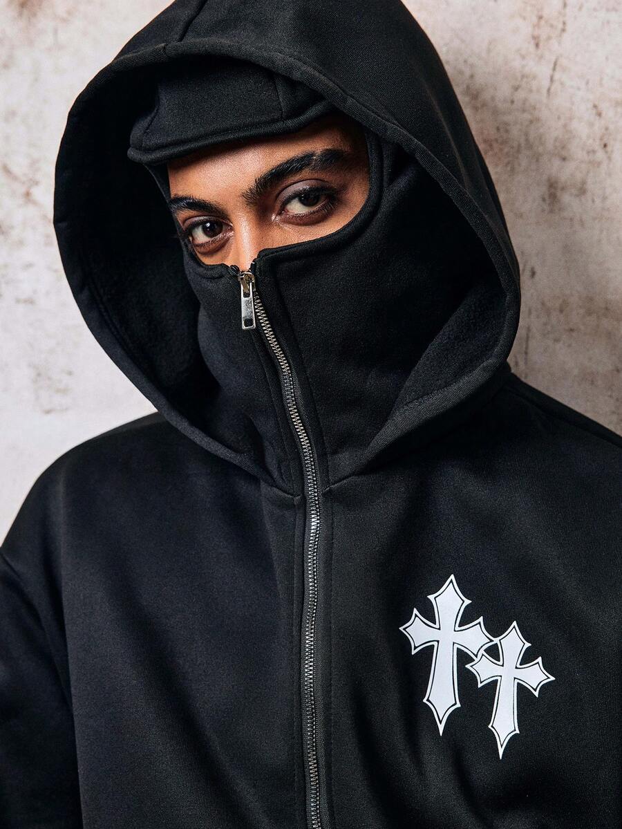 Skyrend Men Hooded Zip Up Sweatshirt, Face Mask Balaclava Sports Jacket With Cross Pattern Fall/Autumn/Winter Grunge - Black - View 1
