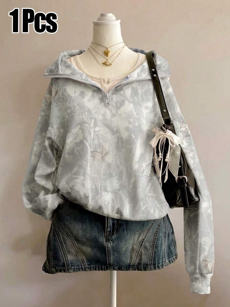 1pc Girls Casual Minimalist Branch Camouflage Print Half-Zip Sweatshirt, Suitable For Daily Wear, Comfortable And Relaxed - Multicolor - View 1