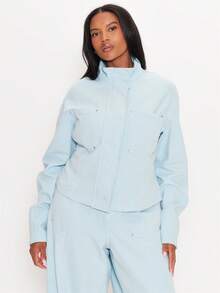 MUSERA Blue Denim Funnel Neck Jacket Winter Autumn Everyday Casual Going Out Weekdaze - Blue - View 1