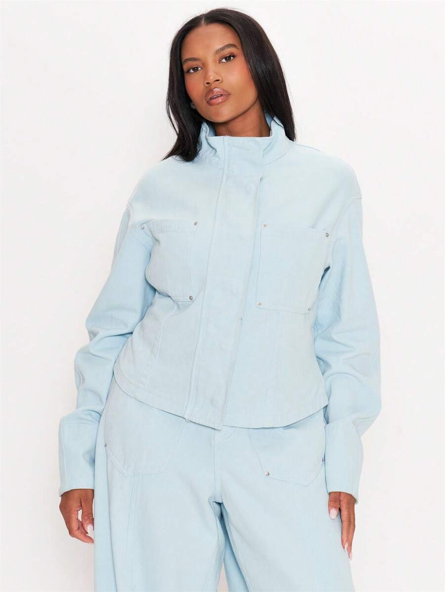 MUSERA Blue Denim Funnel Neck Jacket Winter Autumn Everyday Casual Going Out Weekdaze - Blue - View 1