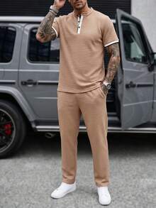 Manfinity Homme Summer New Men's Casual 2 Pieces Set Short Sleeve Long Pants Outfit Collared Solid Color Business - Apricot - View 3