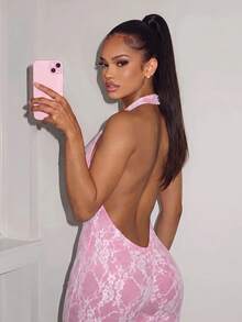 Amplova Women's Lace Cutout Design Sexy Halter Neck Jumpsuit - Pink - View 5