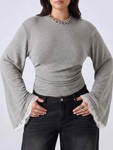 LYSMO Kaos Ukuran Besar Gaya Korea Modis dengan Hiasan Renda dan Lipatan di Pinggang, Cocok untuk Musim Gugur, Formal, Kasual, Lembut, Nyaman, Pakaian Rumah, Kencan Malam, Kantor, Abu-abu Elegan - Light Grey - View 8