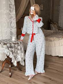 CottageSlumber Conjunto de pijama con estampado de cerezas a cuadros, pantalones largos de ropa de estar en casa con lazo dulce, puños y dobladillo con volantes, conjunto de 2 piezas - Multicolor - Ver 4