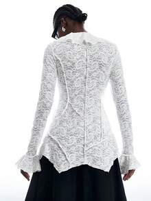 LYSMO Women's Lace Ruffle Fashion Versatile Blouse - Beige - View 2