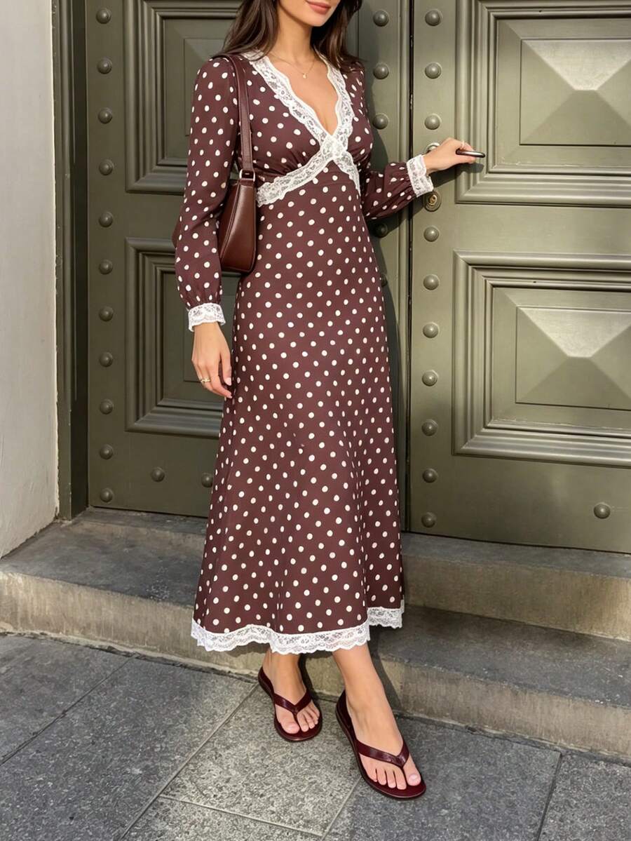 SHEIN PariChic Women's Contrast Lace V-Neck Polka Dot Print Long Sleeve Elegant Dress - Brown - View 1